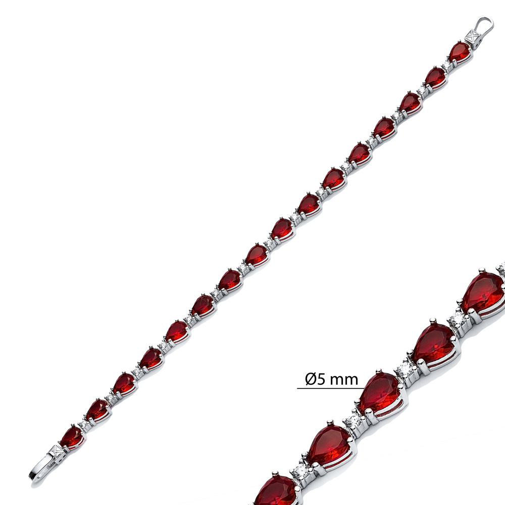 Garnet CZ Pear Drop Stone Sterling Silver Tennis Bracelet