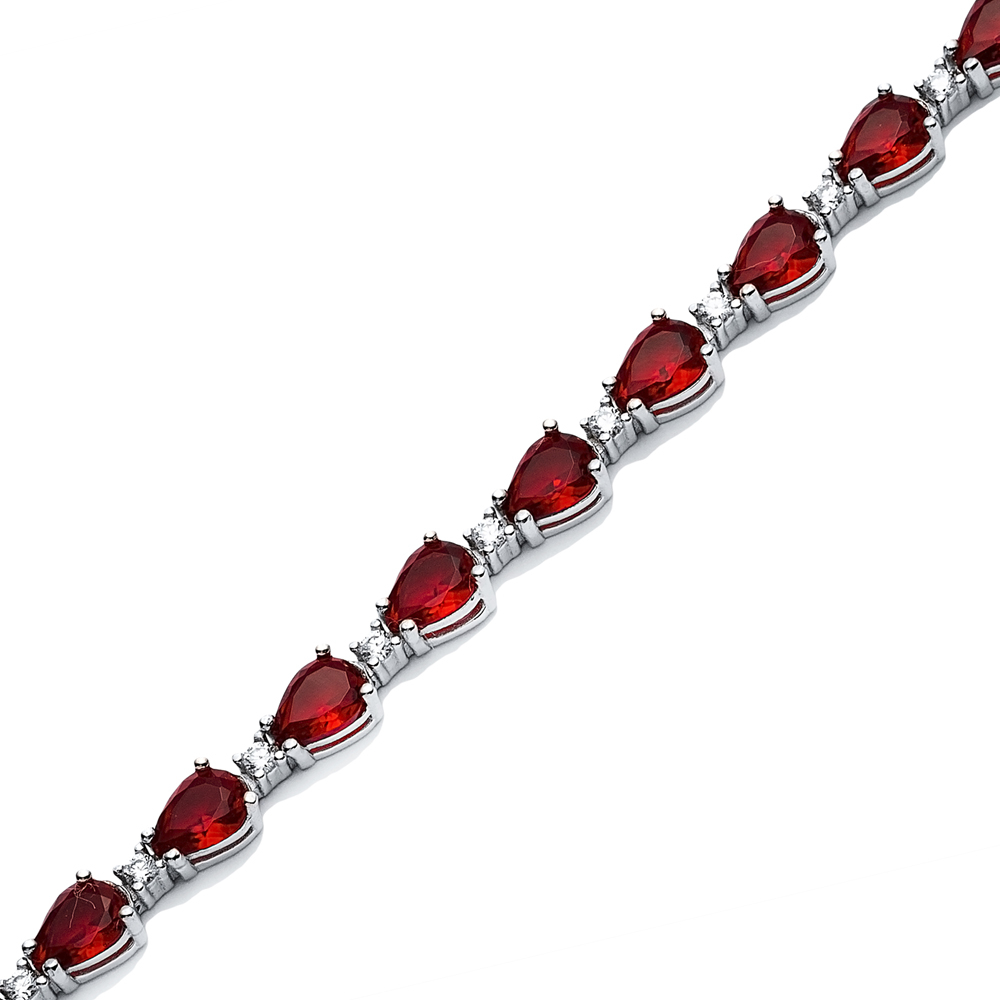 Garnet CZ Pear Drop Stone Sterling Silver Tennis Bracelet