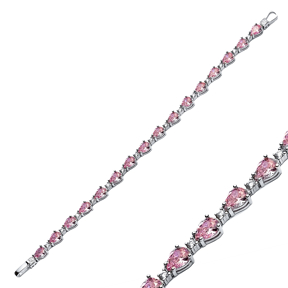 Pink Quartz CZ Pear Drop Stone Sterling Silver Tennis Bracelet