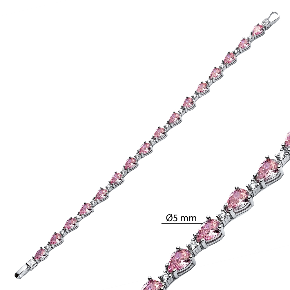 Pink Quartz CZ Pear Drop Stone Sterling Silver Tennis Bracelet