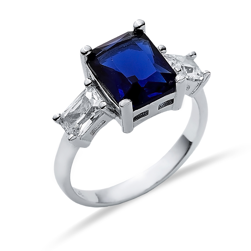 Rectangle Sapphire CZ Baguette Ring Sterling Silver Jewelry