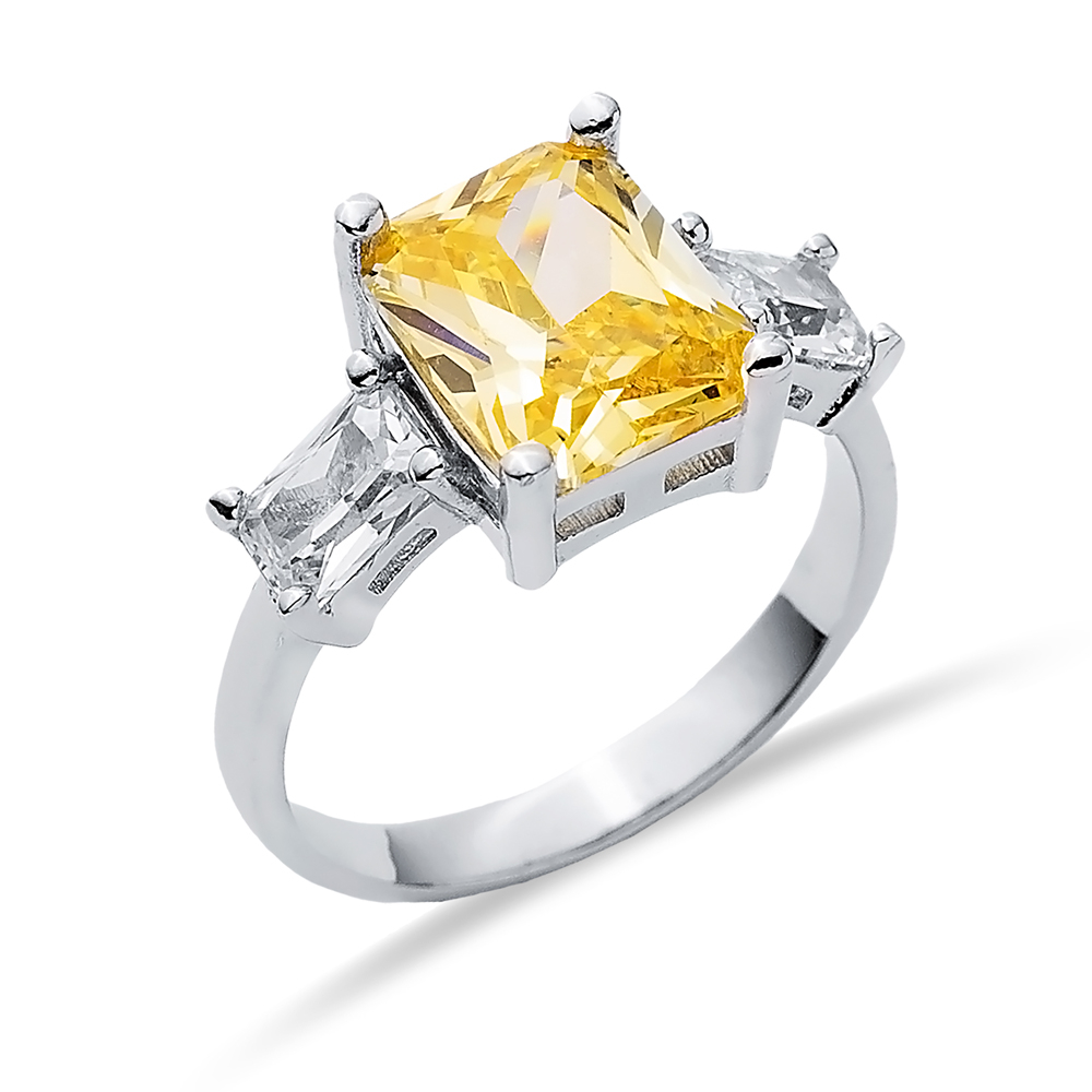 Rectangle Citrine CZ Baguette Ring Sterling Silver Jewelry