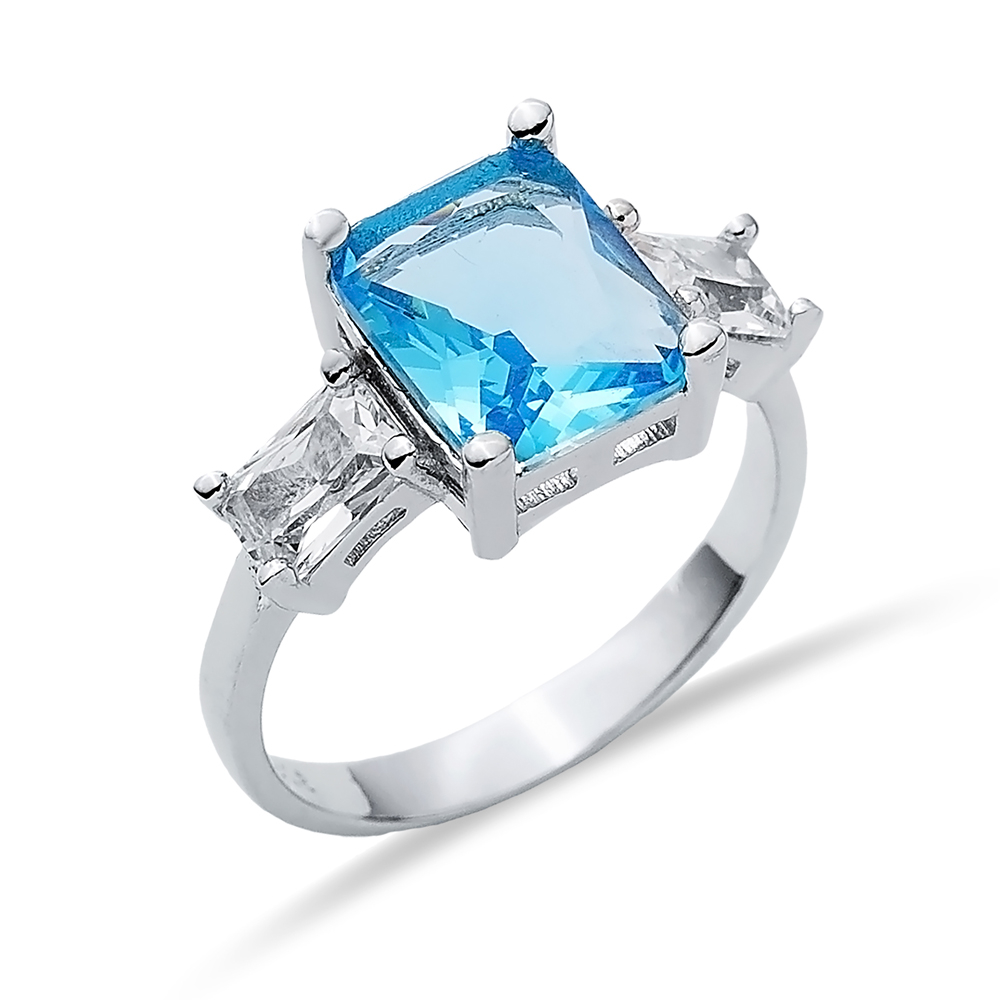 Rectangle Aquamarine CZ Baguette Ring Sterling Silver Jewelry