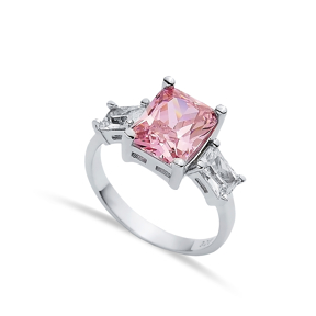 Rectangle Pink Quartz CZ Baguette Ring Sterling Silver Jewelry