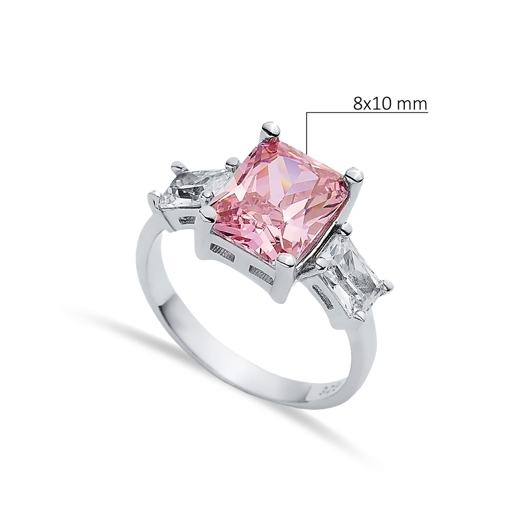 Rectangle Pink Quartz CZ Baguette Ring Sterling Silver Jewelry