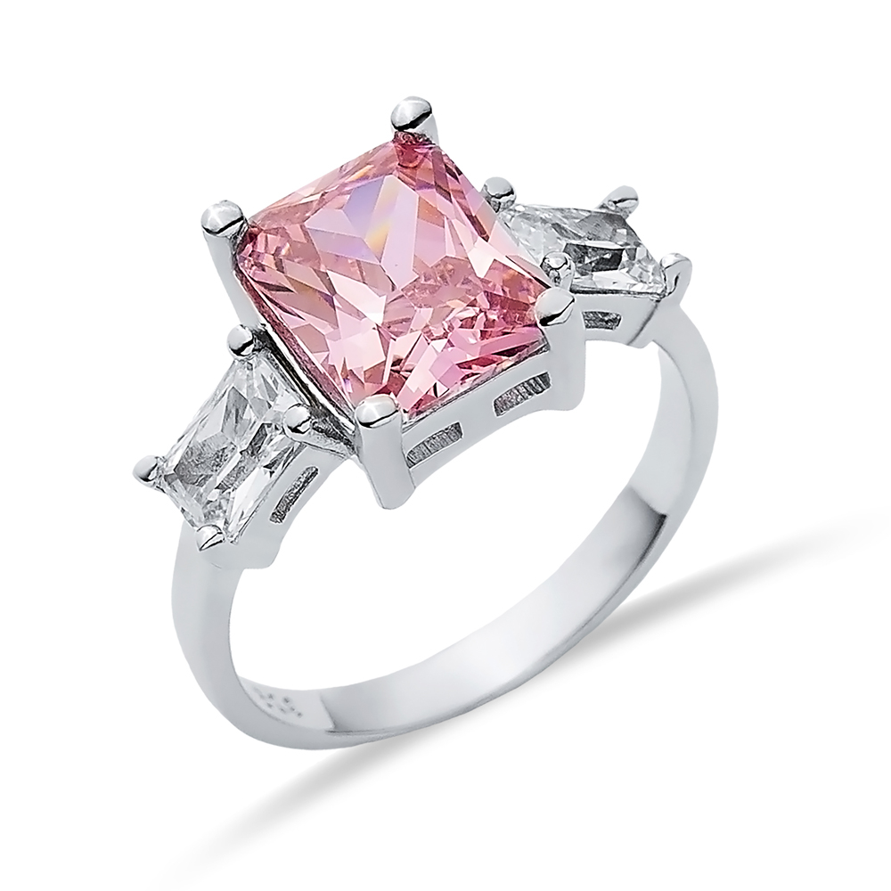 Rectangle Pink Quartz CZ Baguette Ring Sterling Silver Jewelry