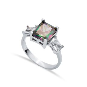 Rectangle Mystic Topaz CZ Baguette Ring Sterling Silver Jewelry