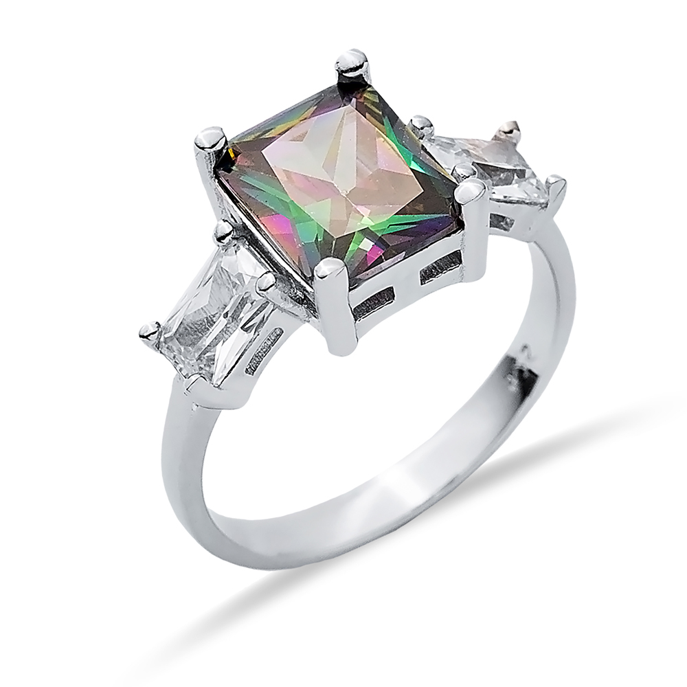 Rectangle Mystic Topaz CZ Baguette Ring Sterling Silver Jewelry