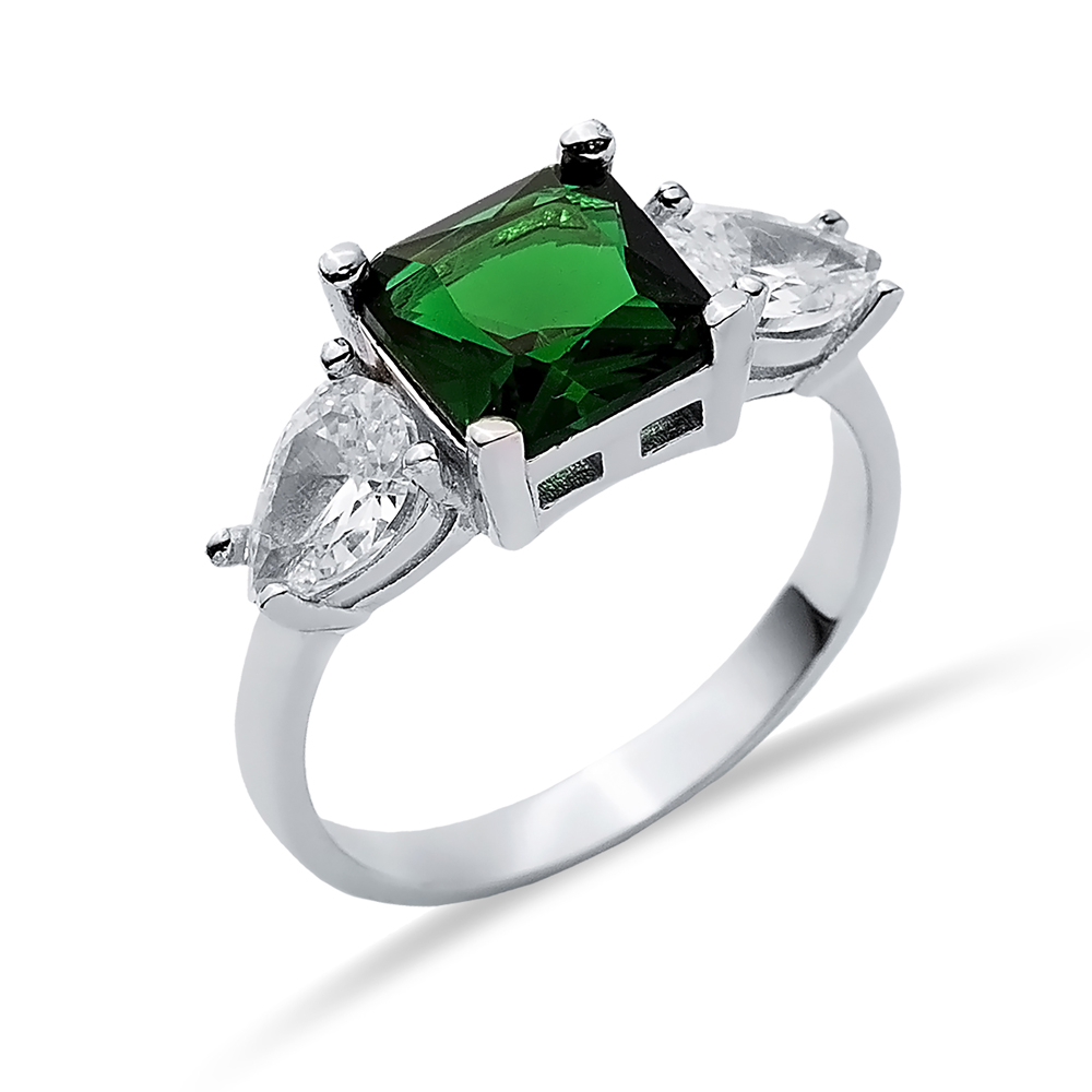 Square Emerald Pear CZ Ring Handmade Sterling Silver Jewelry