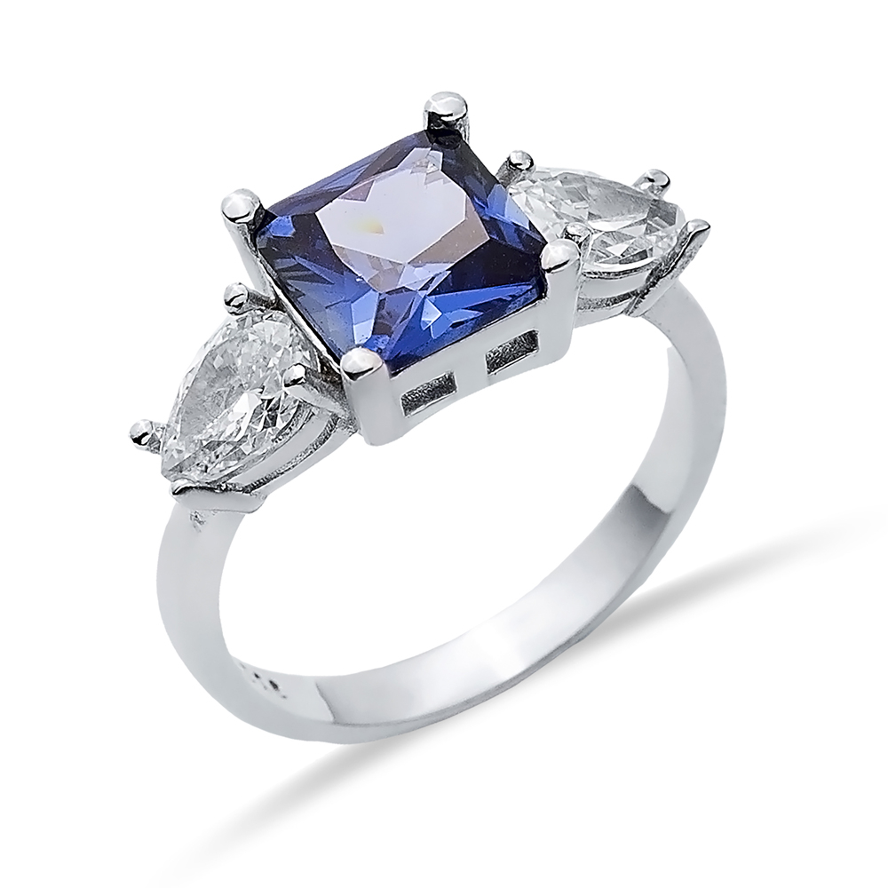 Pear CZ Square Tanzanite Ring Sterling Silver Jewelry