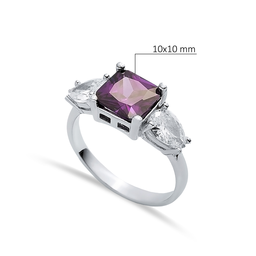 Pear CZ Square Amethyst Ring Sterling Silver Jewelry