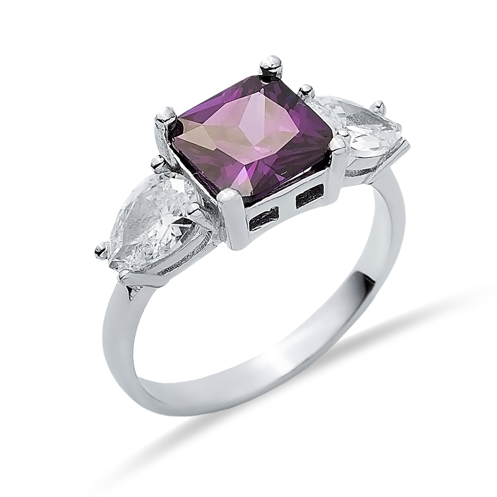 Pear CZ Square Amethyst Ring Sterling Silver Jewelry