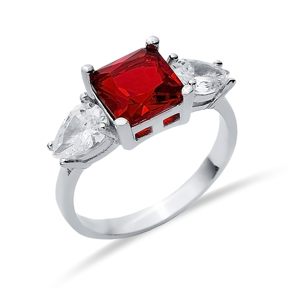 Pear CZ Square Garnet Ring Sterling Silver Jewelry