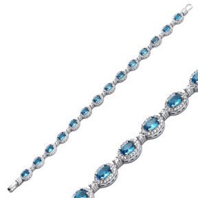 Oval Shape Aquamarine CZ Stone Silver Tennis Bracelet