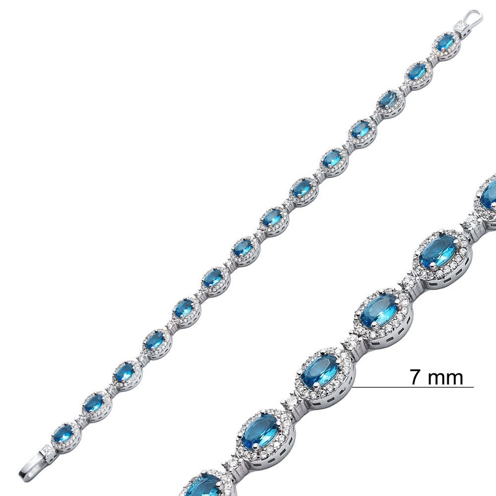 Oval Shape Auqamarine CZ Stone 925 Sterling Silver Tennis Bracelet