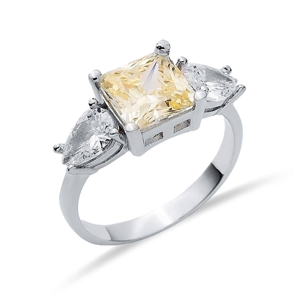 Pear CZ Square Light Citrine Ring Sterling Silver Jewelry