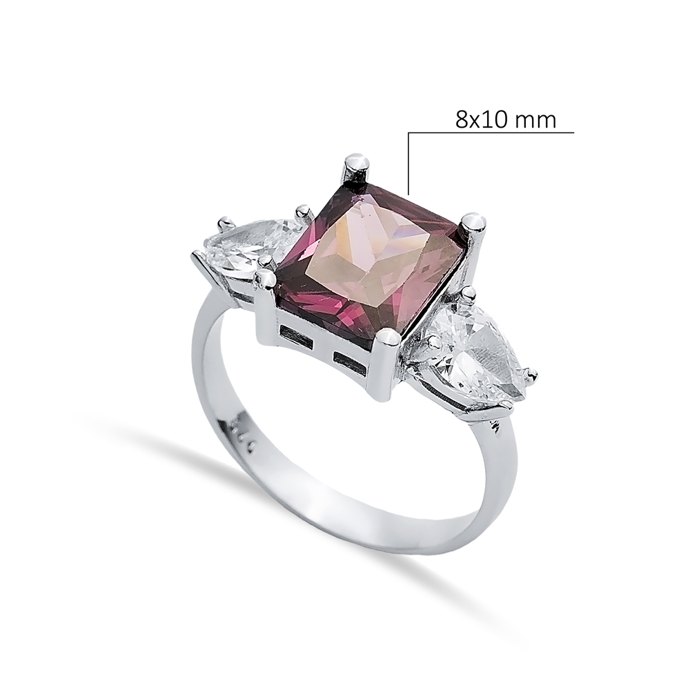 Pear CZ Rectangle Amethyst Ring Sterling Silver Jewelry