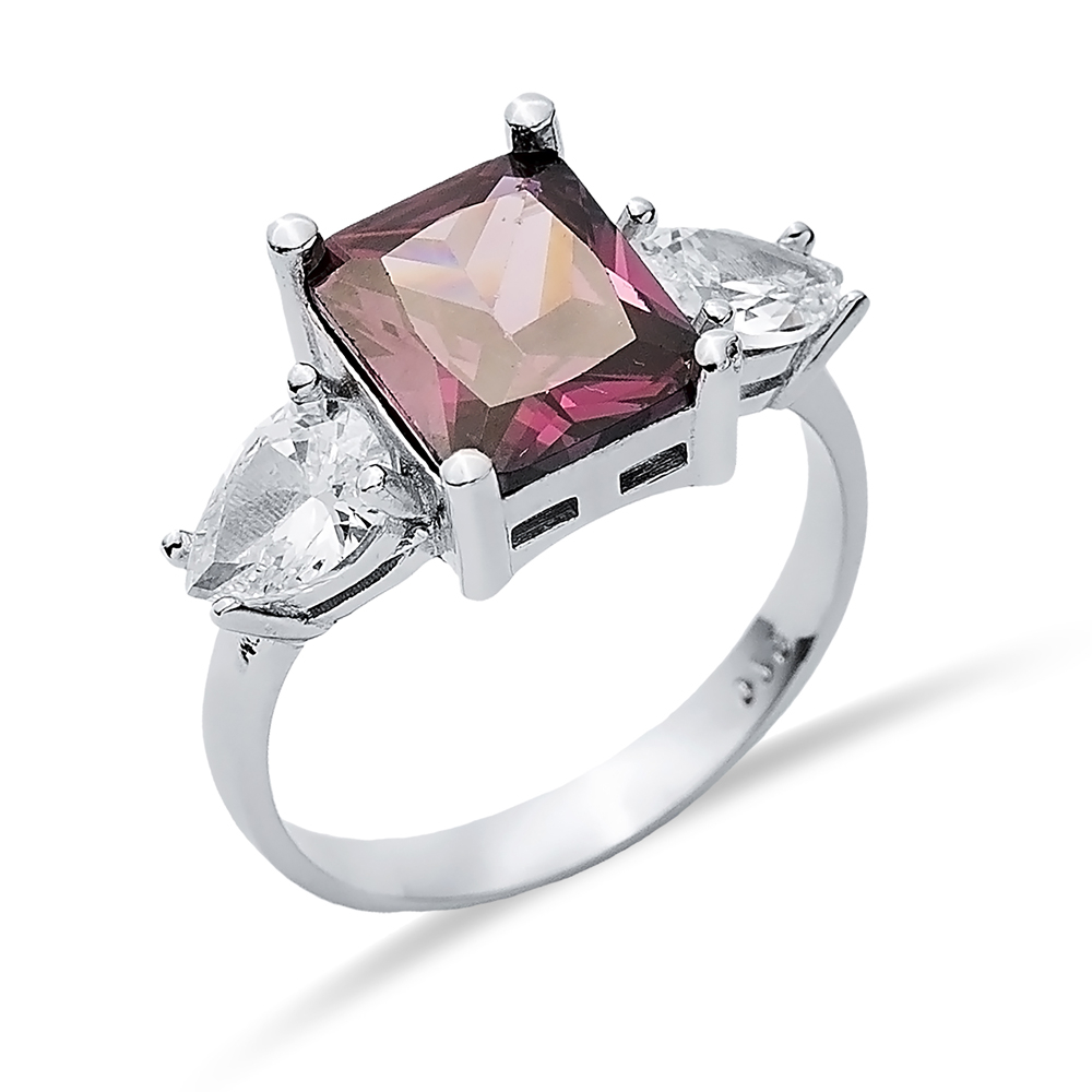 Pear CZ Rectangle Amethyst Ring Sterling Silver Jewelry