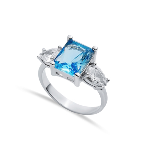 Pear CZ Rectangle Aquamarine Ring Sterling Silver Jewelry