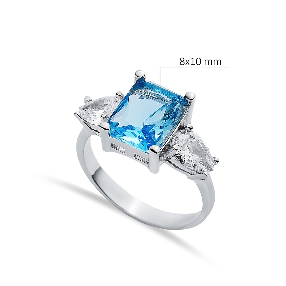 Pear CZ Rectangle Aquamarine Ring Sterling Silver Jewelry