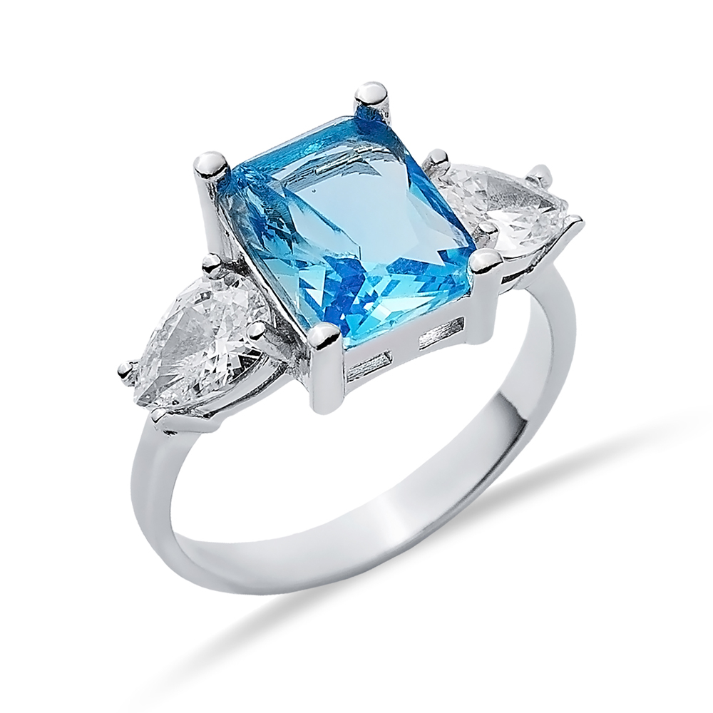 Pear CZ Rectangle Aquamarine Ring Sterling Silver Jewelry