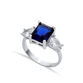 Pear CZ Rectangle Sapphire Ring Sterling Silver Jewelry