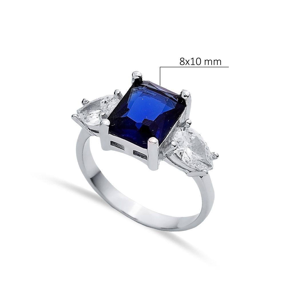 Pear CZ Rectangle Sapphire Ring Sterling Silver Jewelry