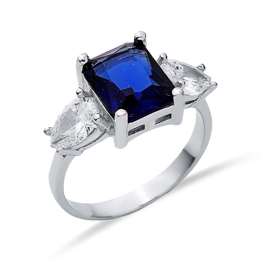 Pear CZ Rectangle Sapphire Ring Sterling Silver Jewelry