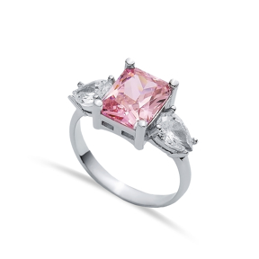 Rectangle Pink Quartz Pear CZ Ring Sterling Silver Jewelry