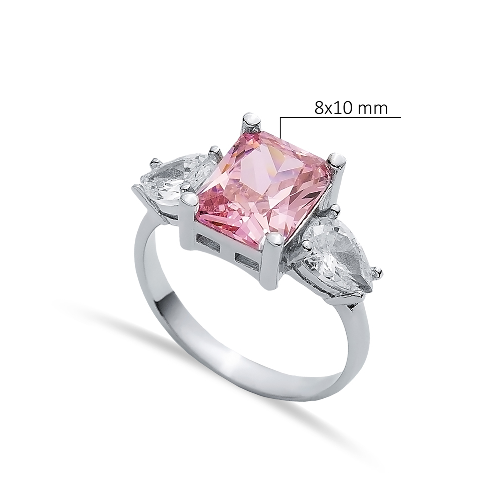 Rectangle Pink Quartz Pear CZ Ring Sterling Silver Jewelry