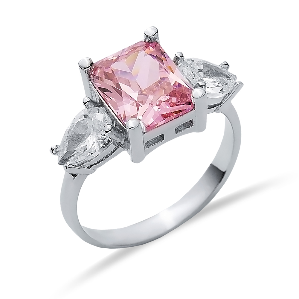 Rectangle Pink Quartz Pear CZ Ring Sterling Silver Jewelry