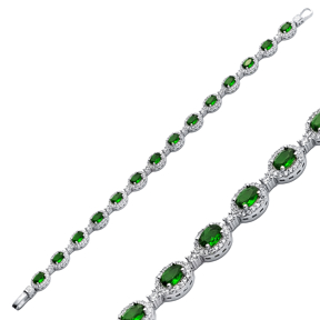 Emerald CZ Stone Oval Shape Tennis Bracelet Silver Jewelry