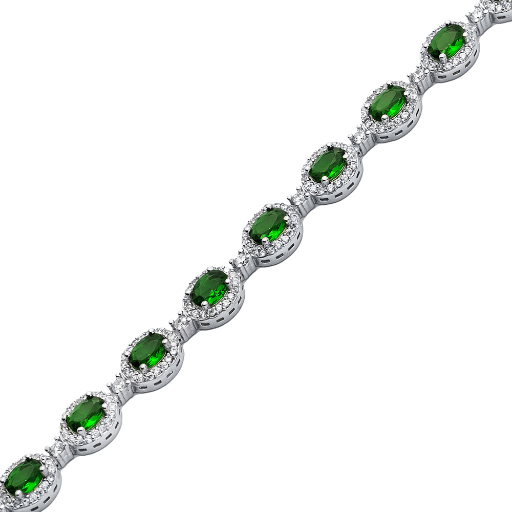 Emerald CZ Stone Oval Shape Tennis Bracelet Silver Jewelry