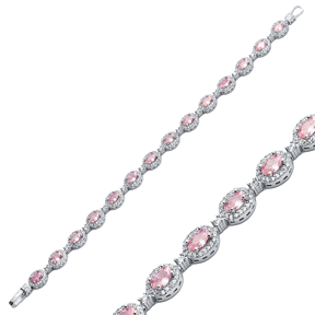 Oval Shape Pink CZ Stone 925 Sterling Silver Tennis Bracelet