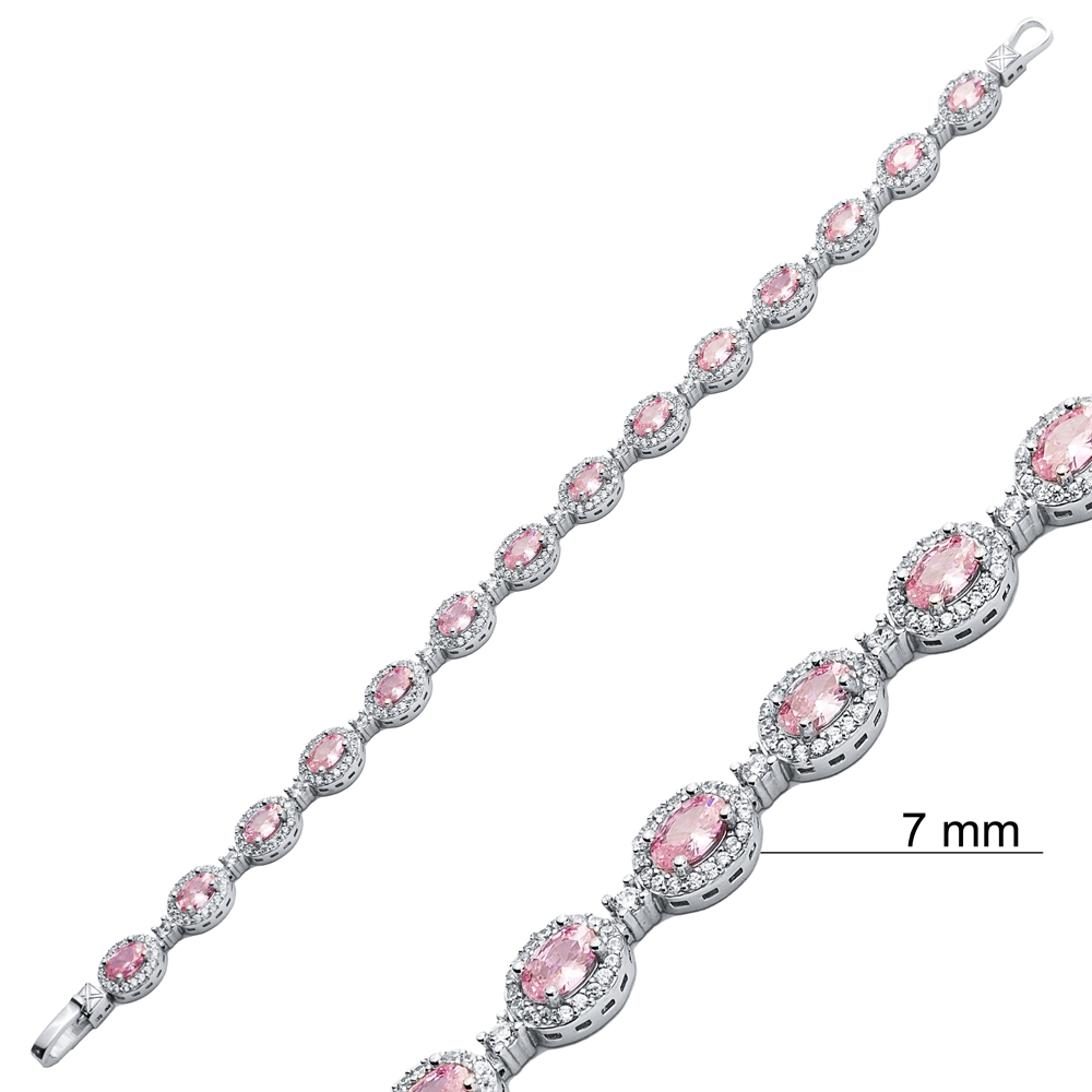 Oval Shape Pink QuartzCZ Stone 925 Sterling Silver Tennis Bracelet