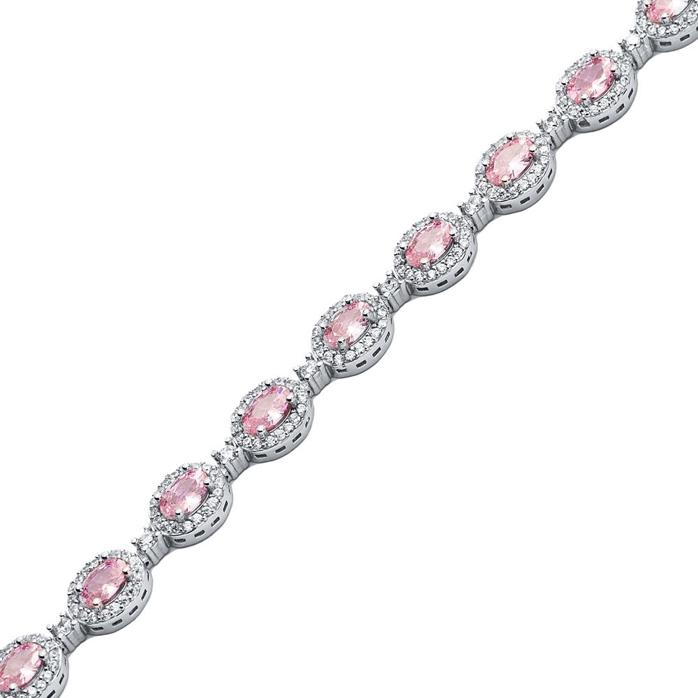 Oval Shape Pink QuartzCZ Stone 925 Sterling Silver Tennis Bracelet