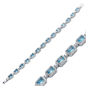 Sparkle Rectangle Shape Aquamarine CZ Silver Tennis Bracelet
