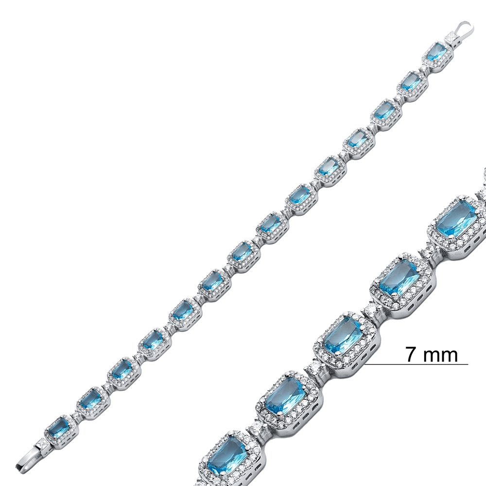 Sparkle Recktangle Shape Aqua Marine CZ Stone 925 Silver Tennis Bracelet