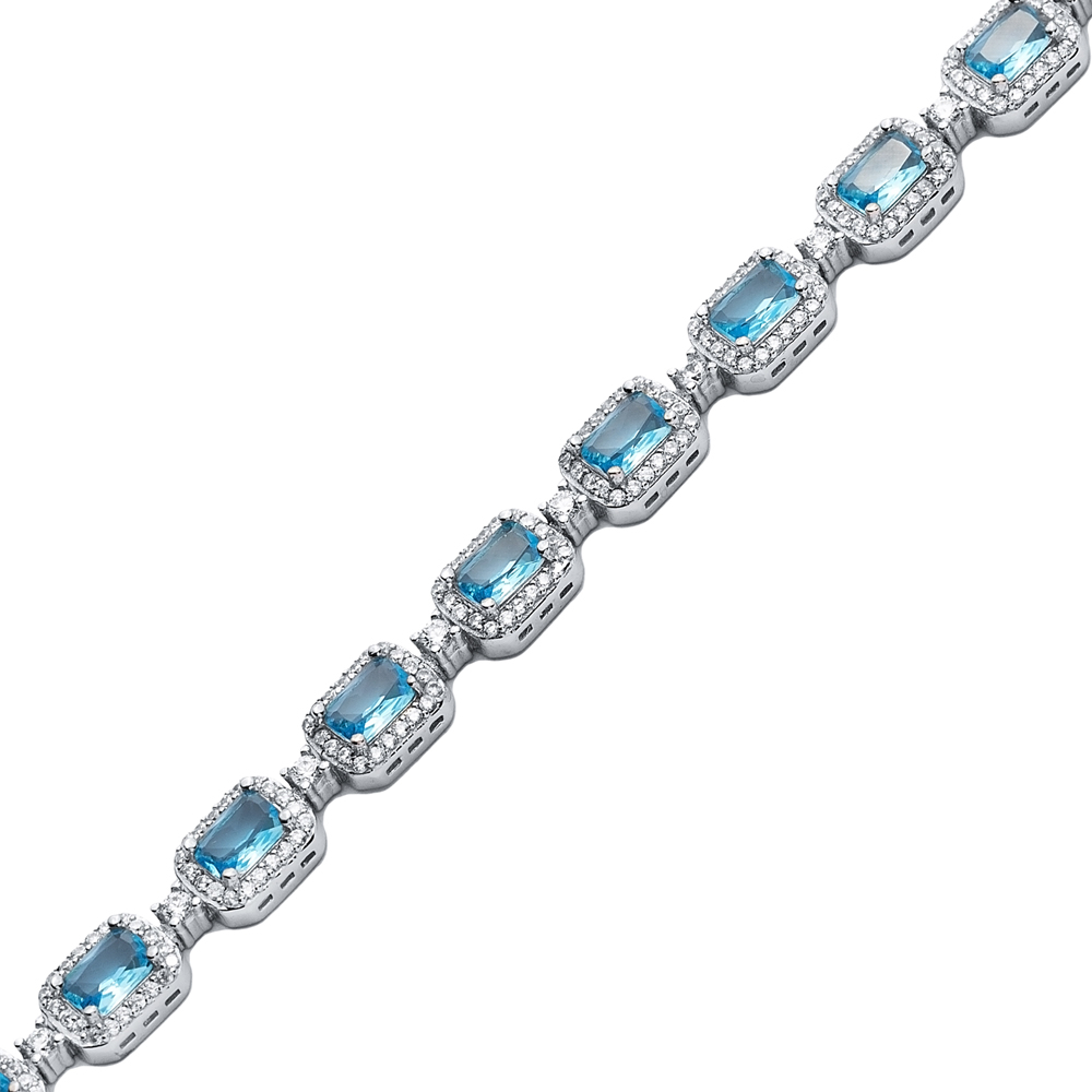 Sparkle Recktangle Shape Aqua Marine CZ Stone 925 Silver Tennis Bracelet