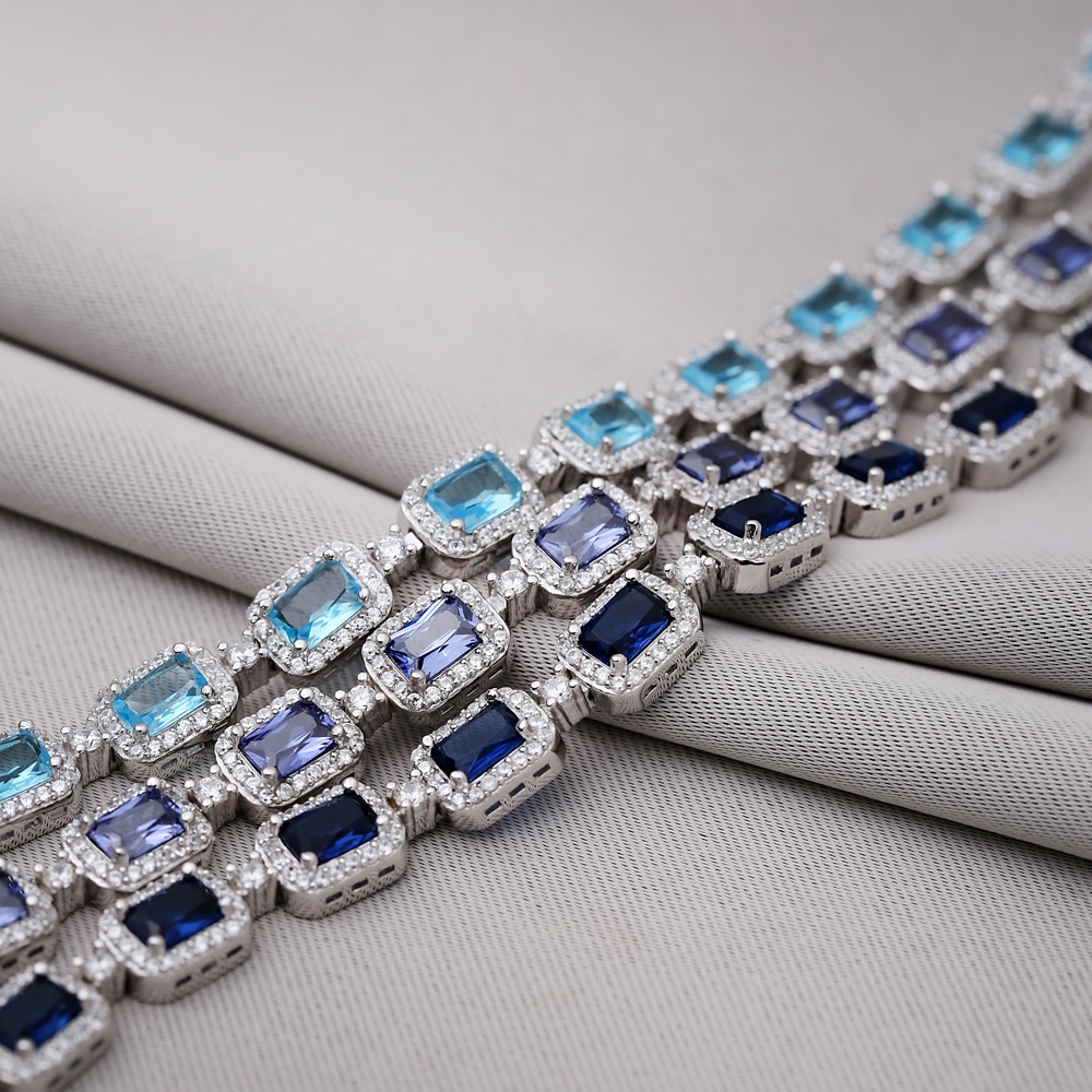 Sparkle Recktangle Shape Aqua Marine CZ Stone 925 Silver Tennis Bracelet