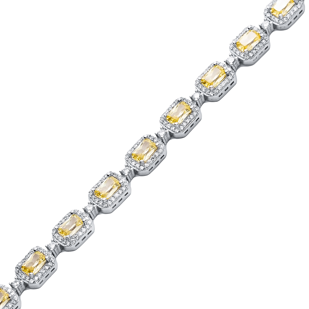 Recktangle Shape Citrine CZ Shiny Tennis Bracelet 925 Silver Jewelry