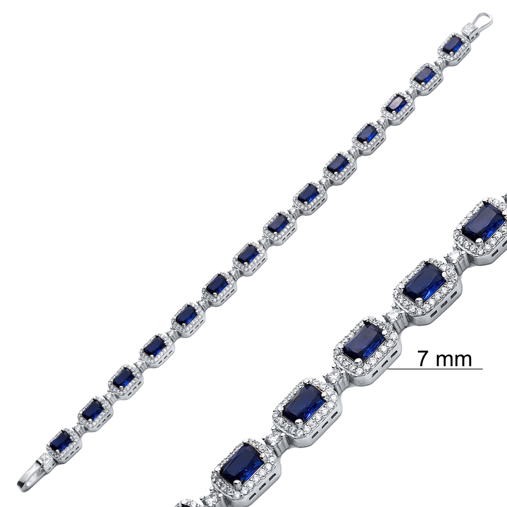 Sparkle Sapphire CZ Recktangle Shape Tennis Bracelet 925 Silver