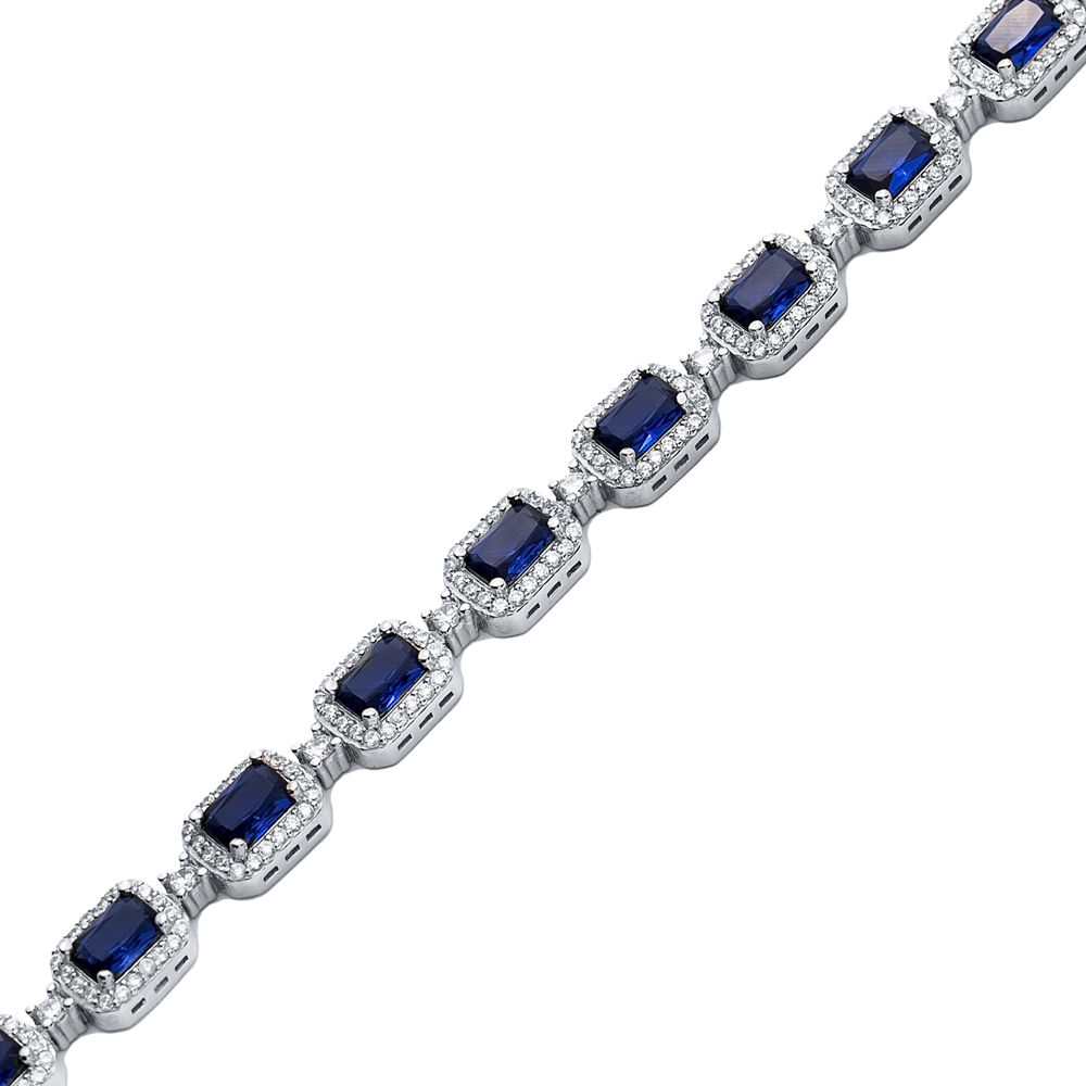 Sparkle Sapphire CZ Recktangle Shape Silver Tennis Bracelet