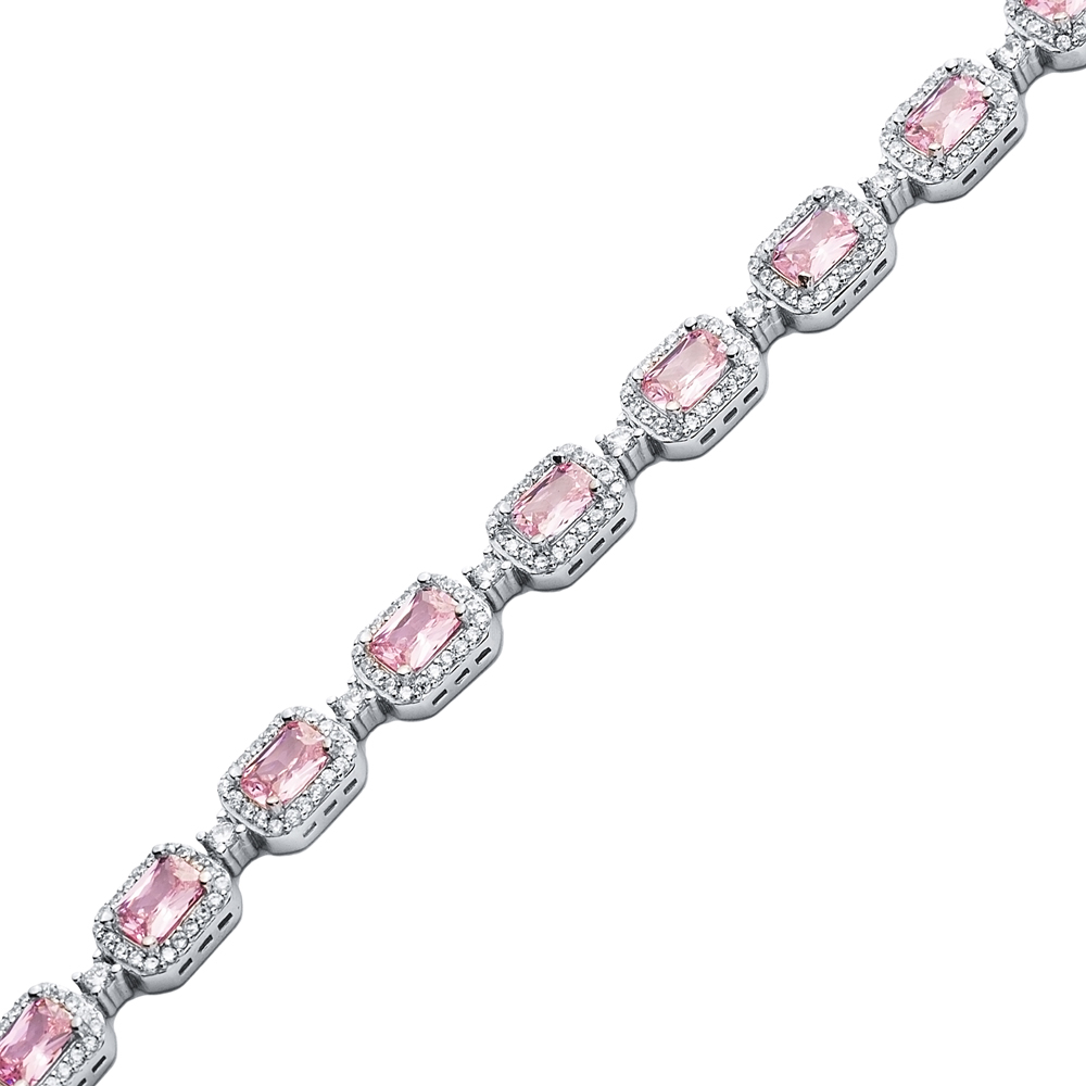 Pink Quart CZ Rectangle Shape Tennis Bracelet 925 Silver Jewelry