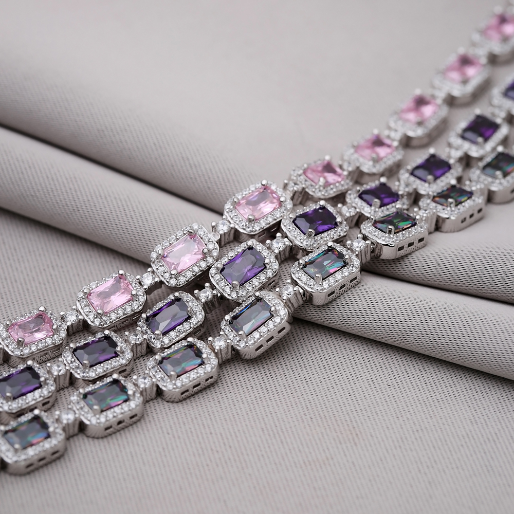 Pink Quart CZ Rectangle Shape Tennis Bracelet 925 Silver Jewelry