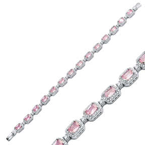Pink Quart CZ Rectangle Shape Tennis Bracelet 925 Silver Jewelry