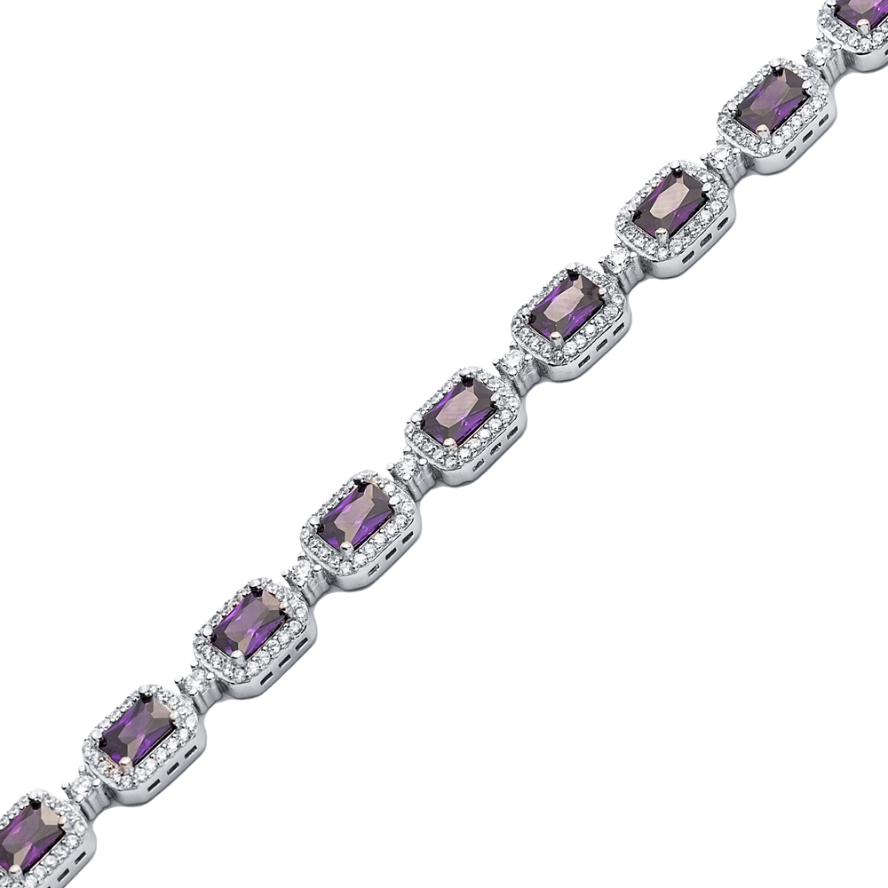 Amethyst CZ Stone Rectangle Tennis Bracelet 925 Silver Jewelry