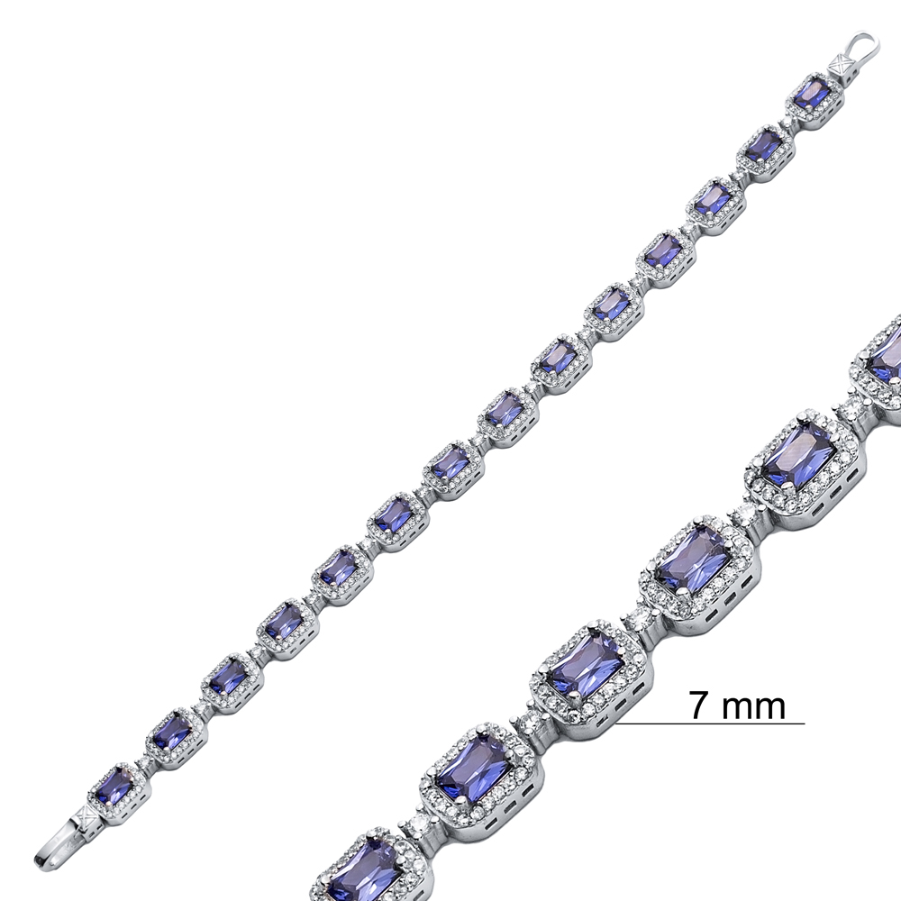 Tanzanite CZ Stone Rectangle Shape Silver Tennis Bracelet