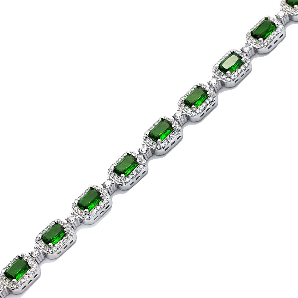 Emerald Recktangle Shape CZ Stone Tennis Bracelet 925 Silver Jewelry