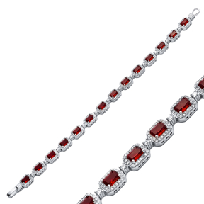 CZ Stone Garnet Rectangle Shape 925 Silver Tennis Bracelet